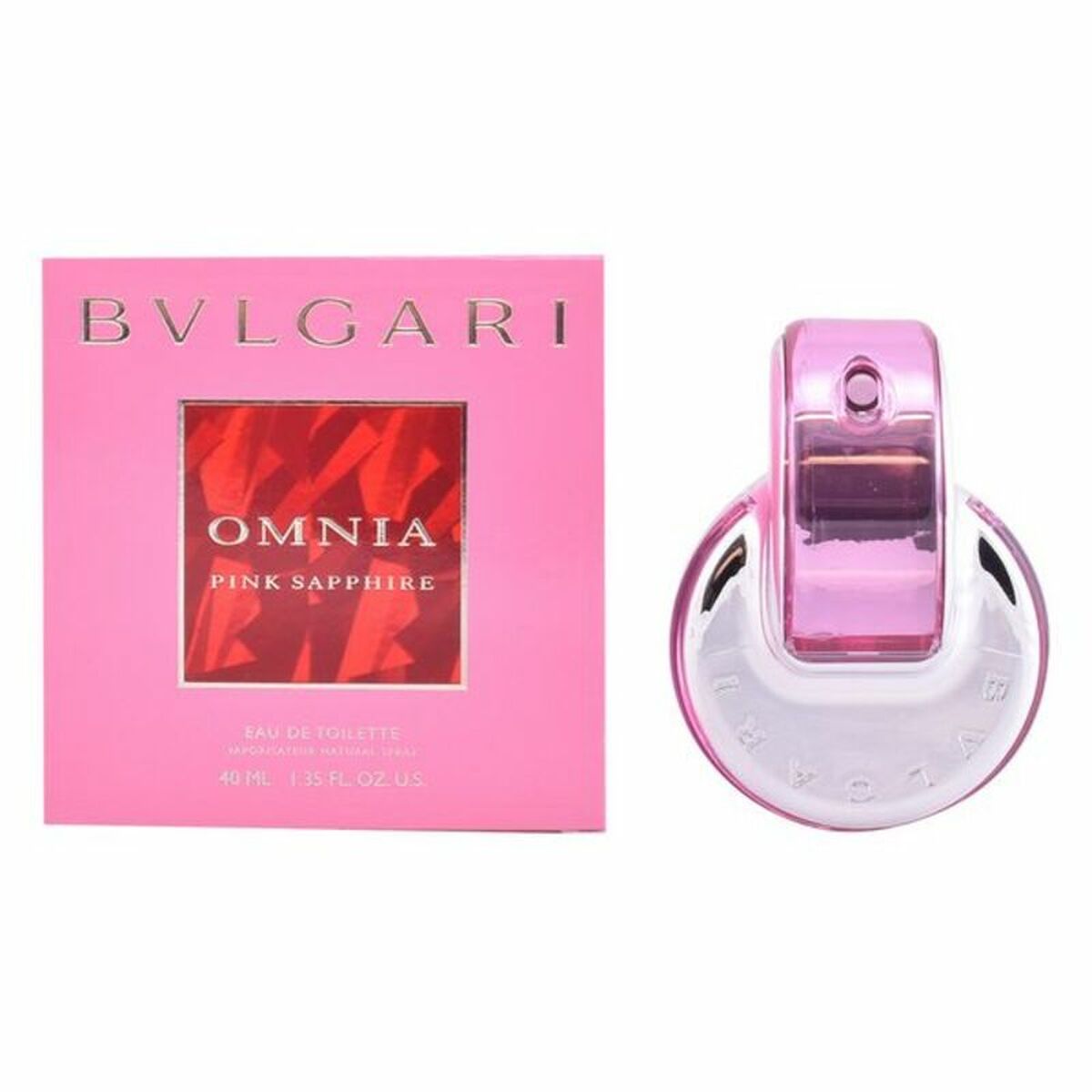 Bulgari Omnia Pink Sapphire Eau de Toilette with its distinctive pink and silver bottle design next to its packaging.