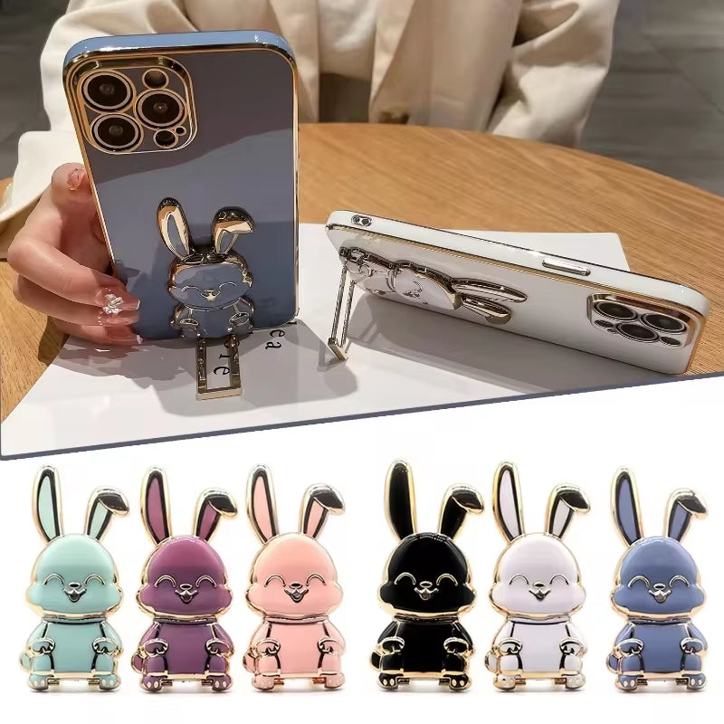 Ultra-Thin Cartoon Rabbit Finger Ring Phone Holder and Stand with Foldable Adhesive Support Frame