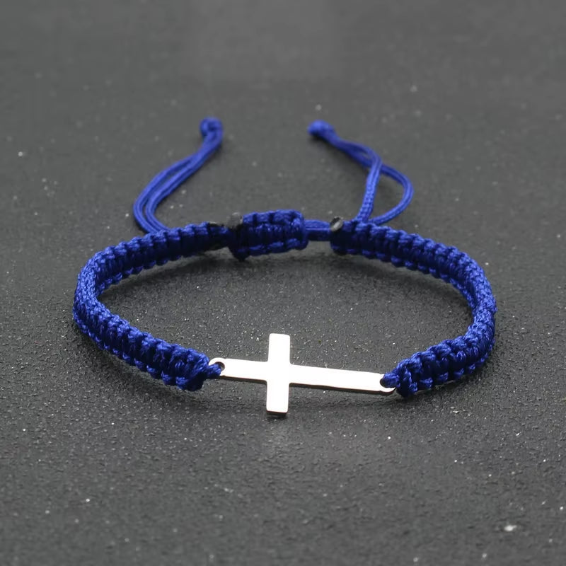 RAKOL Simple Cross Black White Braided Rope Couple Bracelets Silver Color Adjustable Bracelet Christian Jewelry