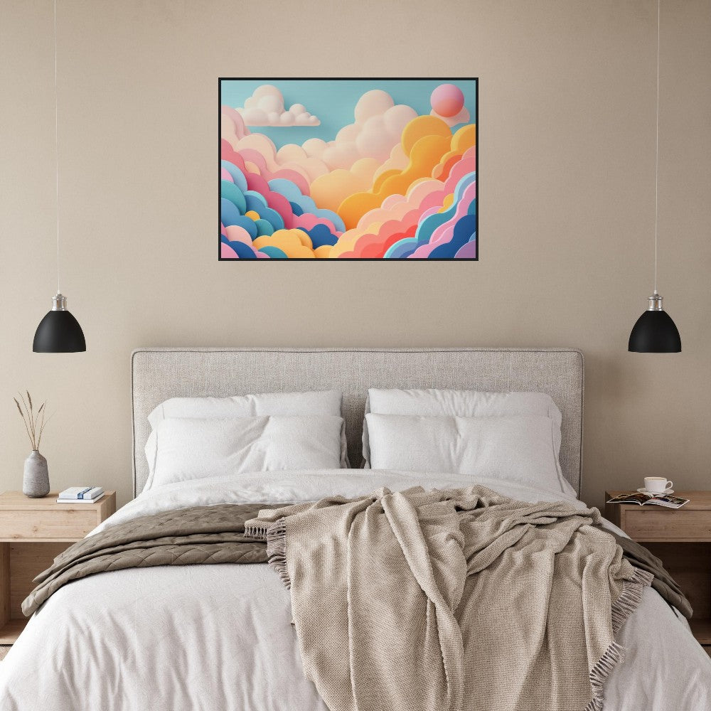 The image shows a cozy bedroom with a large bed adorned with white pillows and a gray blanket. Above the bed hangs a colorful abstract artwork featuring pastel clouds. Two black pendant lights flank the bed, and books and a cup are placed on the bedside tables.