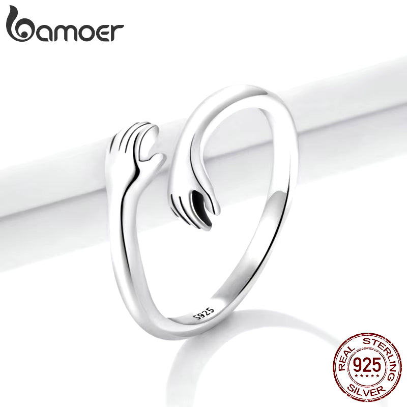 BAMOER 925 Sterling Silver Hug Warmth and Love Hand Adjustable Ring for Women Party Jewelry, His Big Loving Hugs Ring 3 Colors