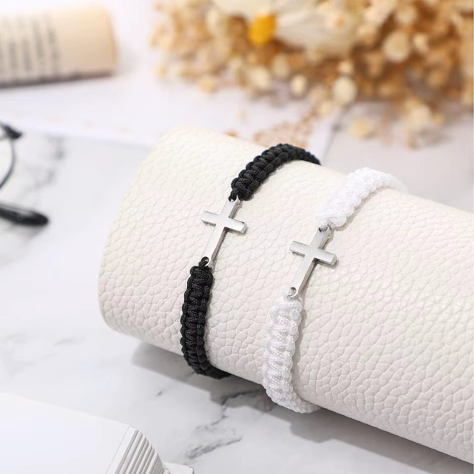 RAKOL Simple Cross Black White Braided Rope Couple Bracelets Silver Color Adjustable Bracelet Christian Jewelry