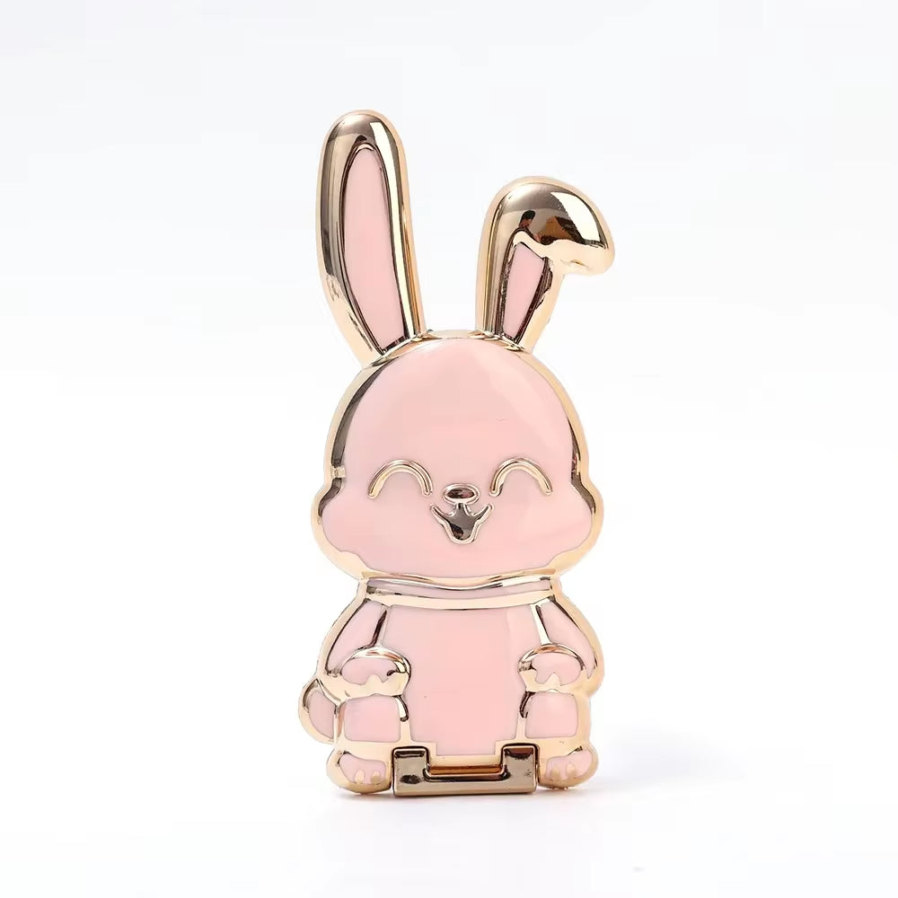 Ultra-Thin Cartoon Rabbit Finger Ring Phone Holder and Stand with Foldable Adhesive Support Frame