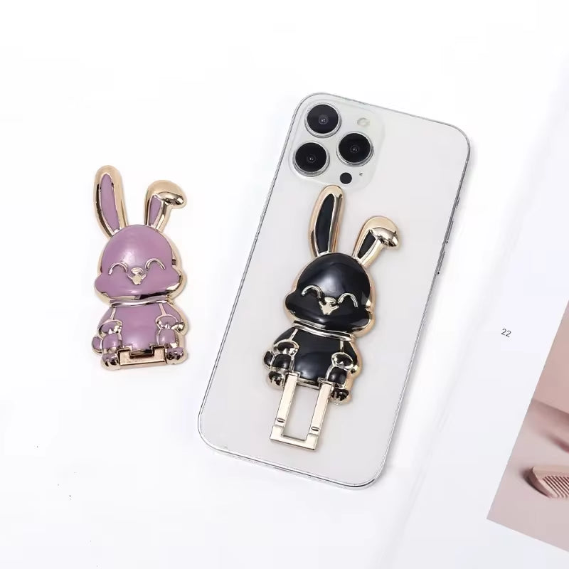 Ultra-Thin Cartoon Rabbit Finger Ring Phone Holder and Stand with Foldable Adhesive Support Frame