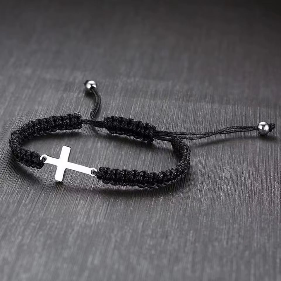 RAKOL Simple Cross Black White Braided Rope Couple Bracelets Silver Color Adjustable Bracelet Christian Jewelry