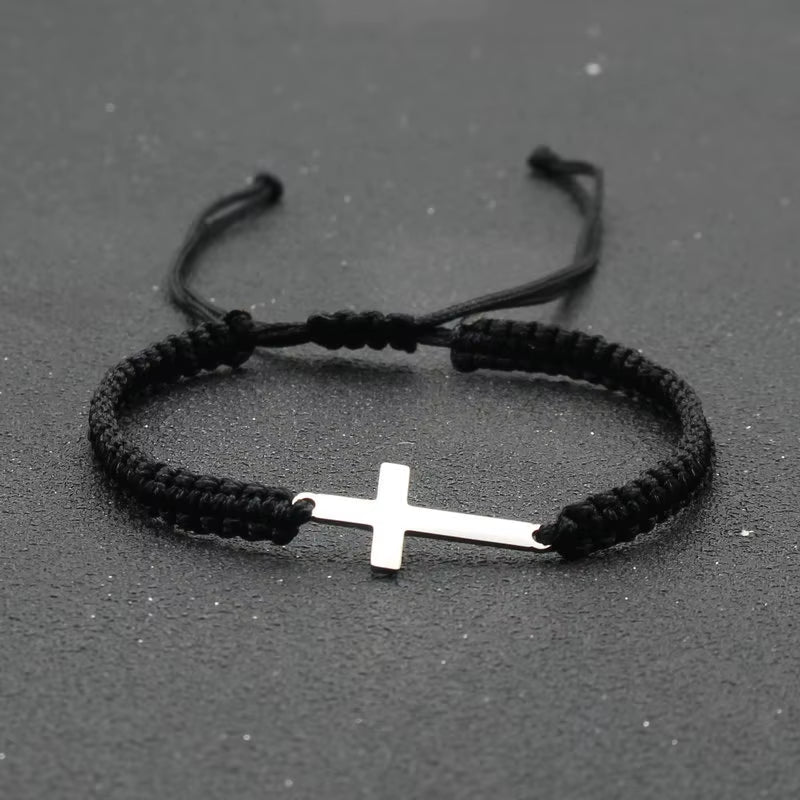 RAKOL Simple Cross Black White Braided Rope Couple Bracelets Silver Color Adjustable Bracelet Christian Jewelry