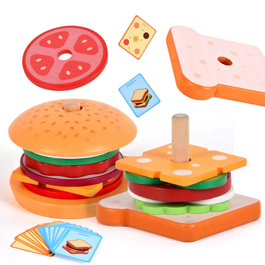 Montessori Wooden Burger Stacking Toys for Toddlers and Kids Preschool Educational Toys Fine Motor Skill Toy