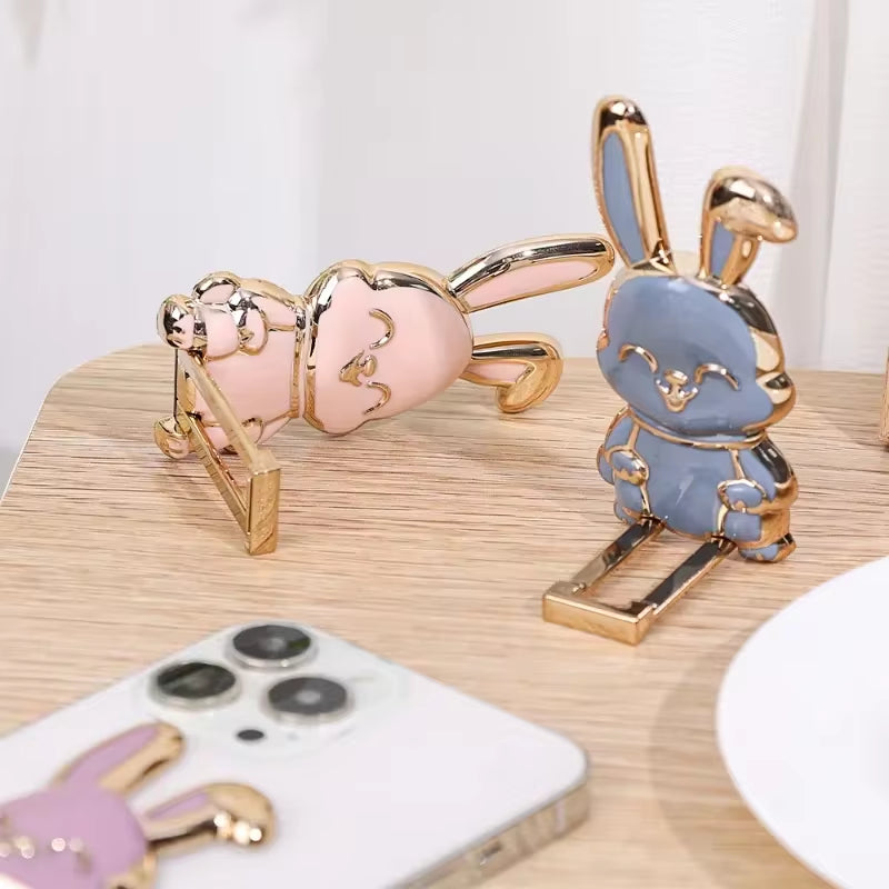 Ultra-Thin Cartoon Rabbit Finger Ring Phone Holder and Stand with Foldable Adhesive Support Frame