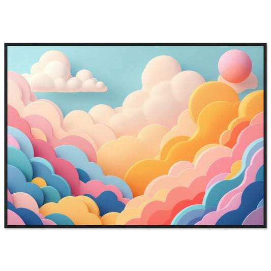 Das Bild zeigt eine farbenfrohe, abstrakte Darstellung von Wolken in verschiedenen Pastelltönen wie Rosa, Orange, Blau und Gelb. Die Wolken sind weich und geschichtet, was eine traumhafte und fantasievolle Atmosphäre erzeugt.