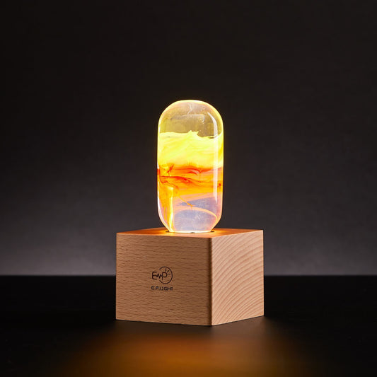 EP LIGHT FLAME LED Bulb Table Lamp with a glowing capsule design on a wooden base, perfect for adding warmth and style to any living room or bedroom