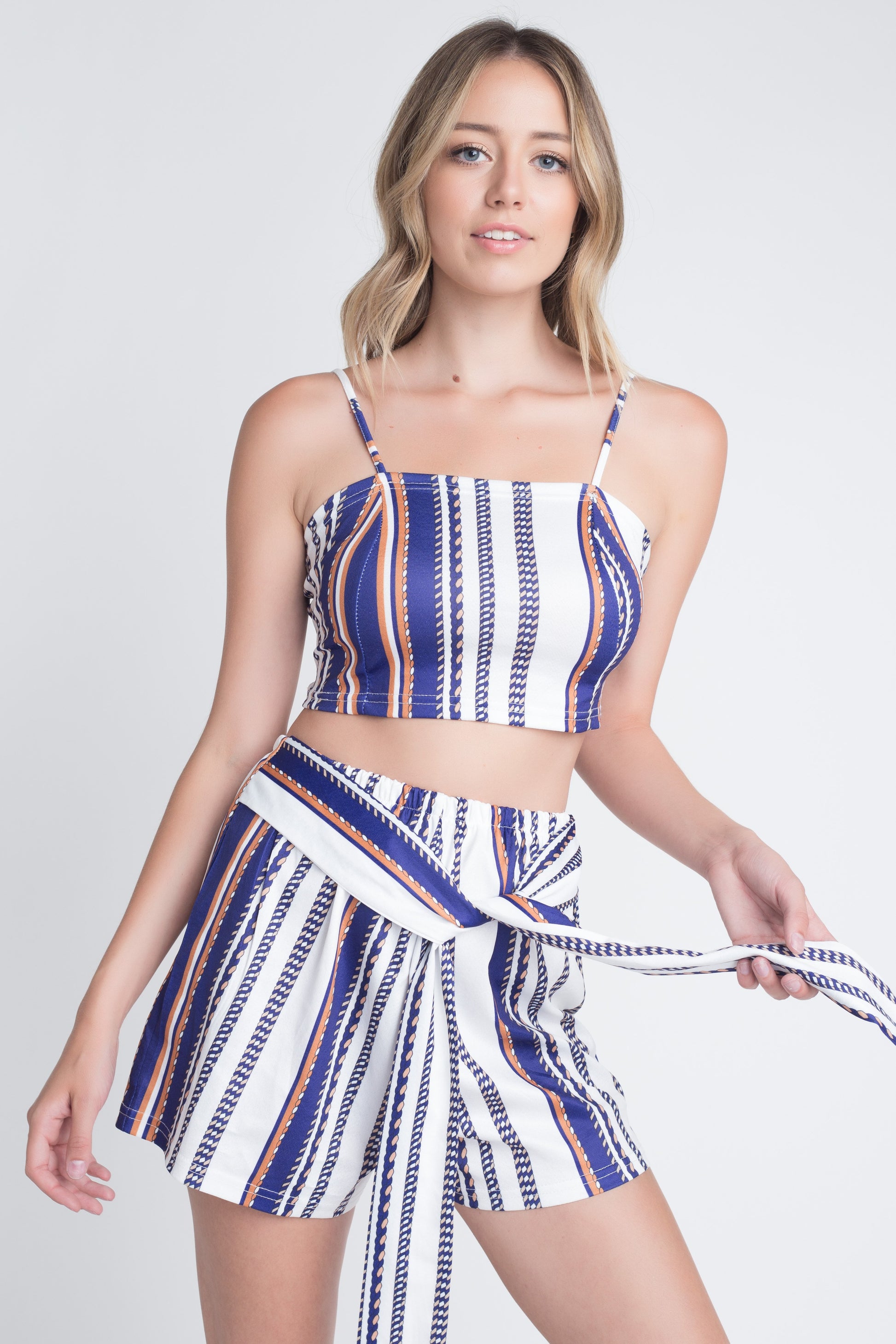 Women's Unique Stripe Printed 2pc Set with Tie featuring a sleeveless top and matching pants in a stylish stripe pattern