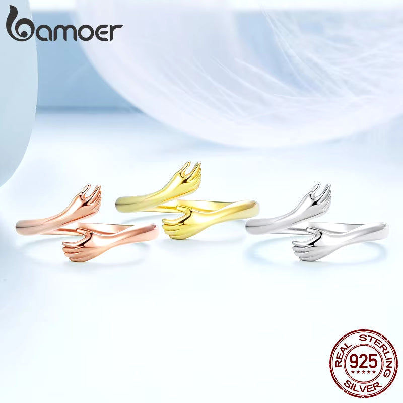 BAMOER 925 Sterling Silver Hug Warmth and Love Hand Adjustable Ring for Women Party Jewelry, His Big Loving Hugs Ring 3 Colors