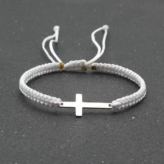 RAKOL Simple Cross Black White Braided Rope Couple Bracelets Silver Color Adjustable Bracelet Christian Jewelry