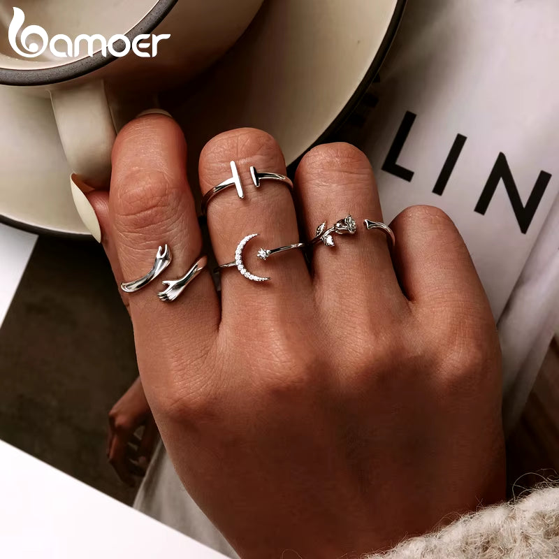 BAMOER 925 Sterling Silver Hug Warmth and Love Hand Adjustable Ring for Women Party Jewelry, His Big Loving Hugs Ring 3 Colors