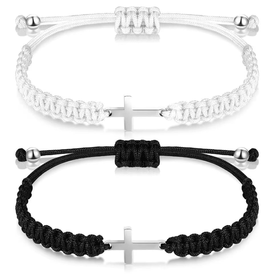 RAKOL Simple Cross Black White Braided Rope Couple Bracelets Silver Color Adjustable Bracelet Christian Jewelry