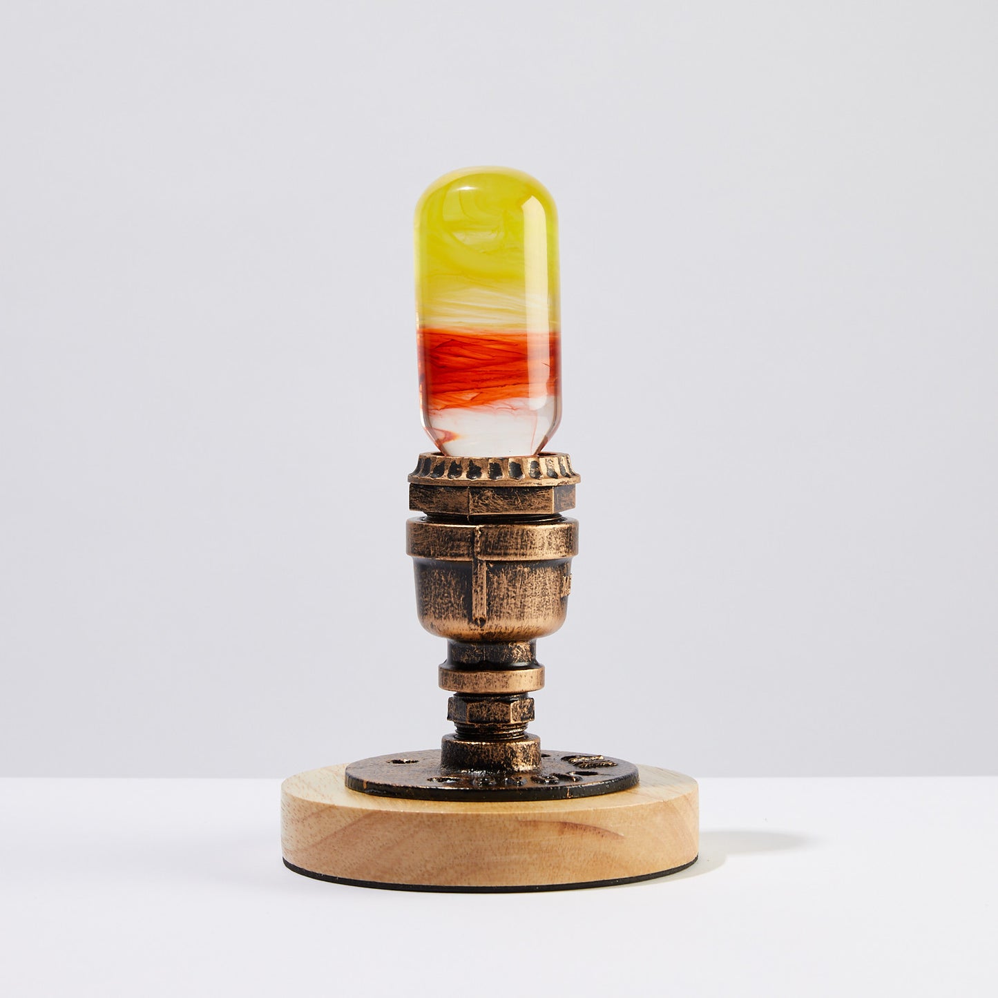 EP LIGHT FLAME LED Bulb Table Lamp with a vintage-style metal and wooden base, featuring a colorful glowing capsule for a unique decorative touch