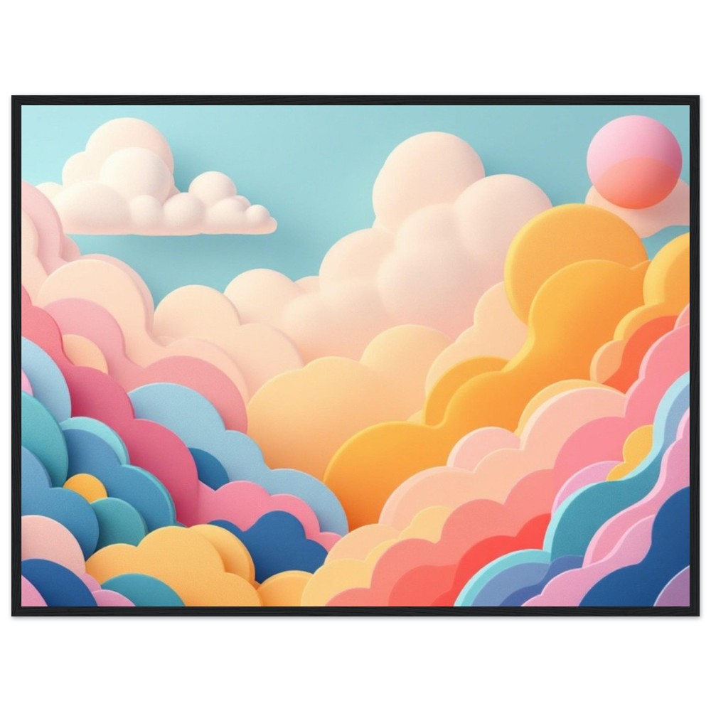 Das Bild zeigt eine farbenfrohe, abstrakte Darstellung von Wolken in verschiedenen Pastelltönen wie Rosa, Orange, Blau und Gelb. Die Wolken sind weich und geschichtet, was eine traumhafte und fantasievolle Atmosphäre erzeugt.