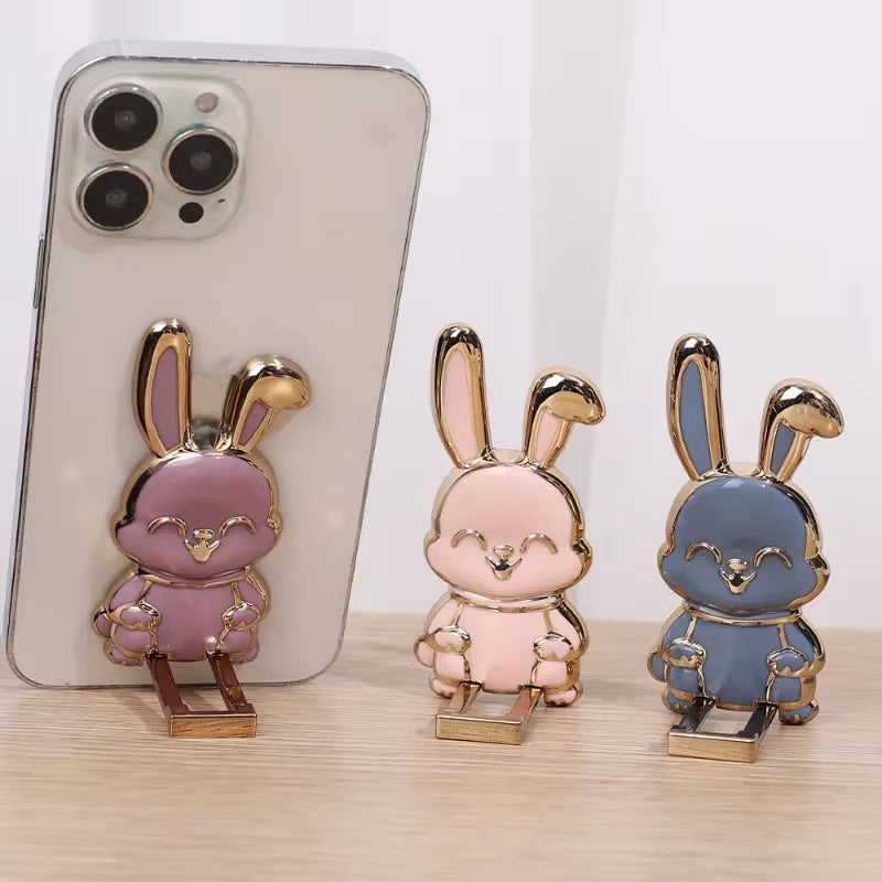 Ultra-Thin Cartoon Rabbit Finger Ring Phone Holder and Stand with Foldable Adhesive Support Frame