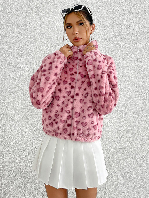 Valentine's Day Love Leopard Print Plush Jacket in pink with a cozy, stylish design