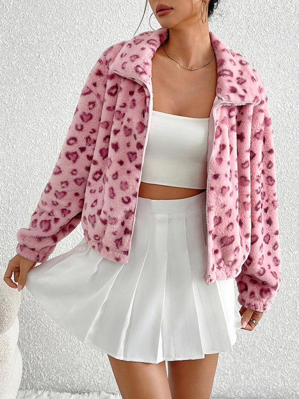 Valentine's Day Love Leopard Print Plush Jacket in pink with a cozy, stylish design