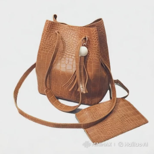 Stylish Vegan Leather Bucket Bag in Croc Print