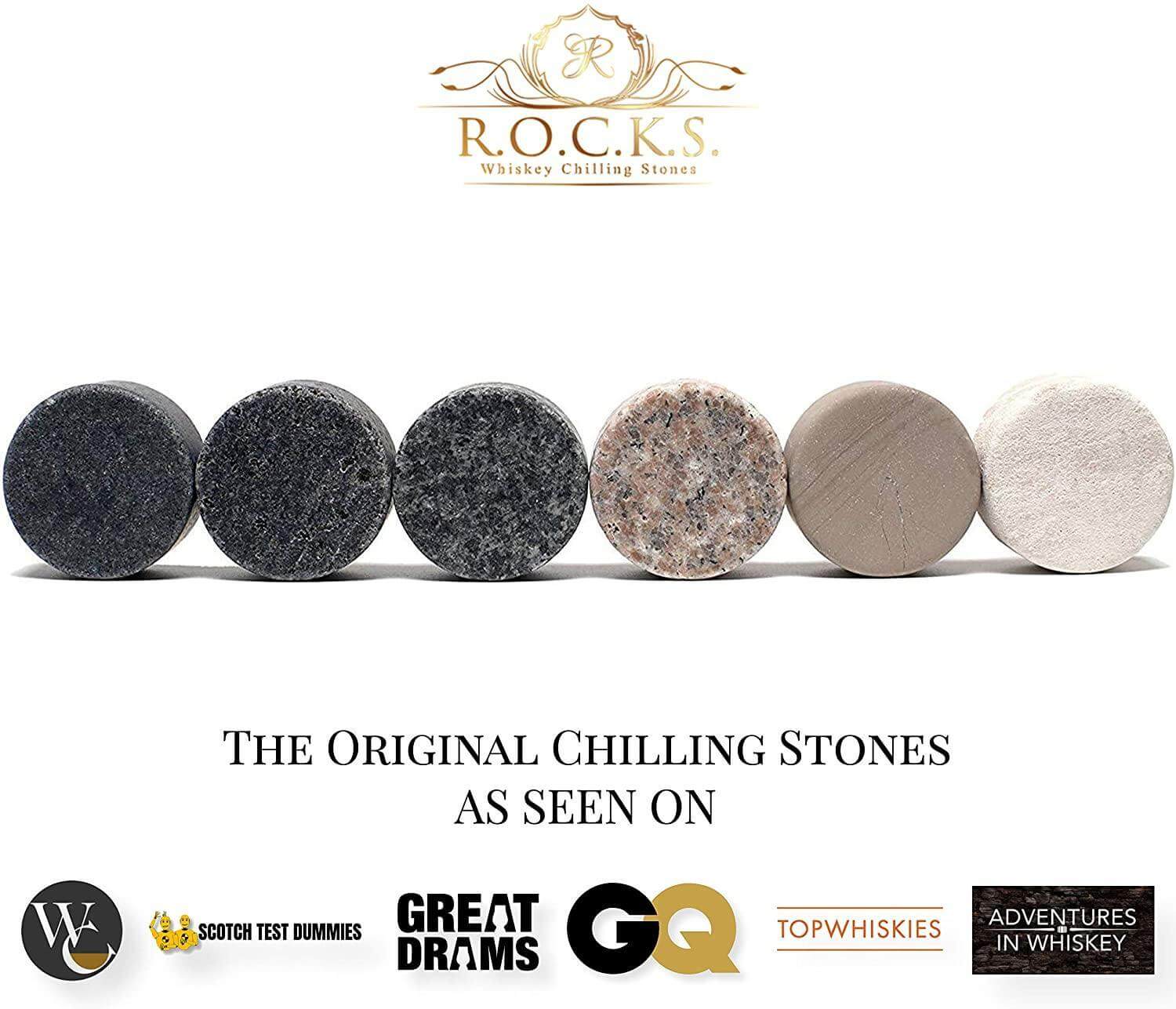 Set of R.O.C.K.S. whiskey chilling stones in various shades, featured in renowned publications, ideal for cooling drinks without dilution.